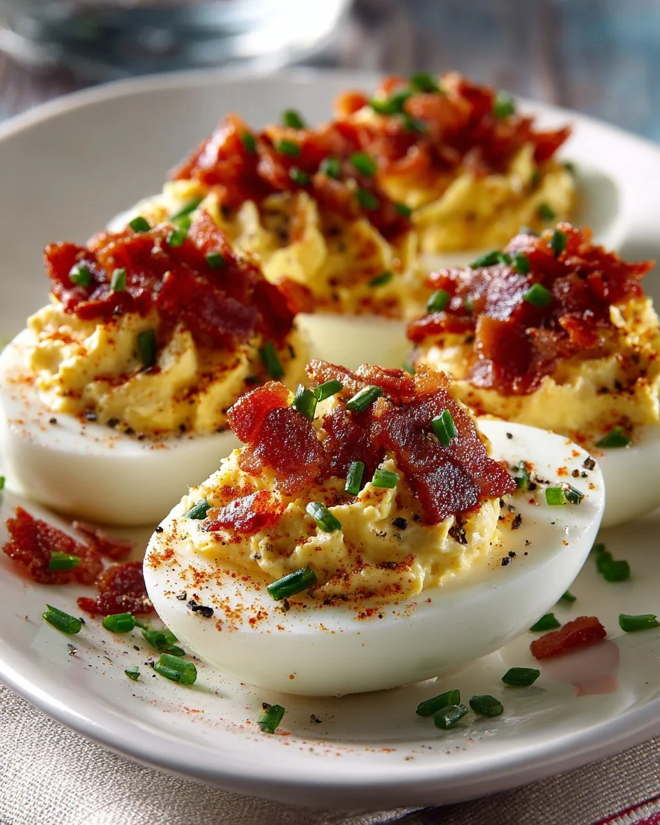 Delicious classic deviled eggs topped with crispy bacon