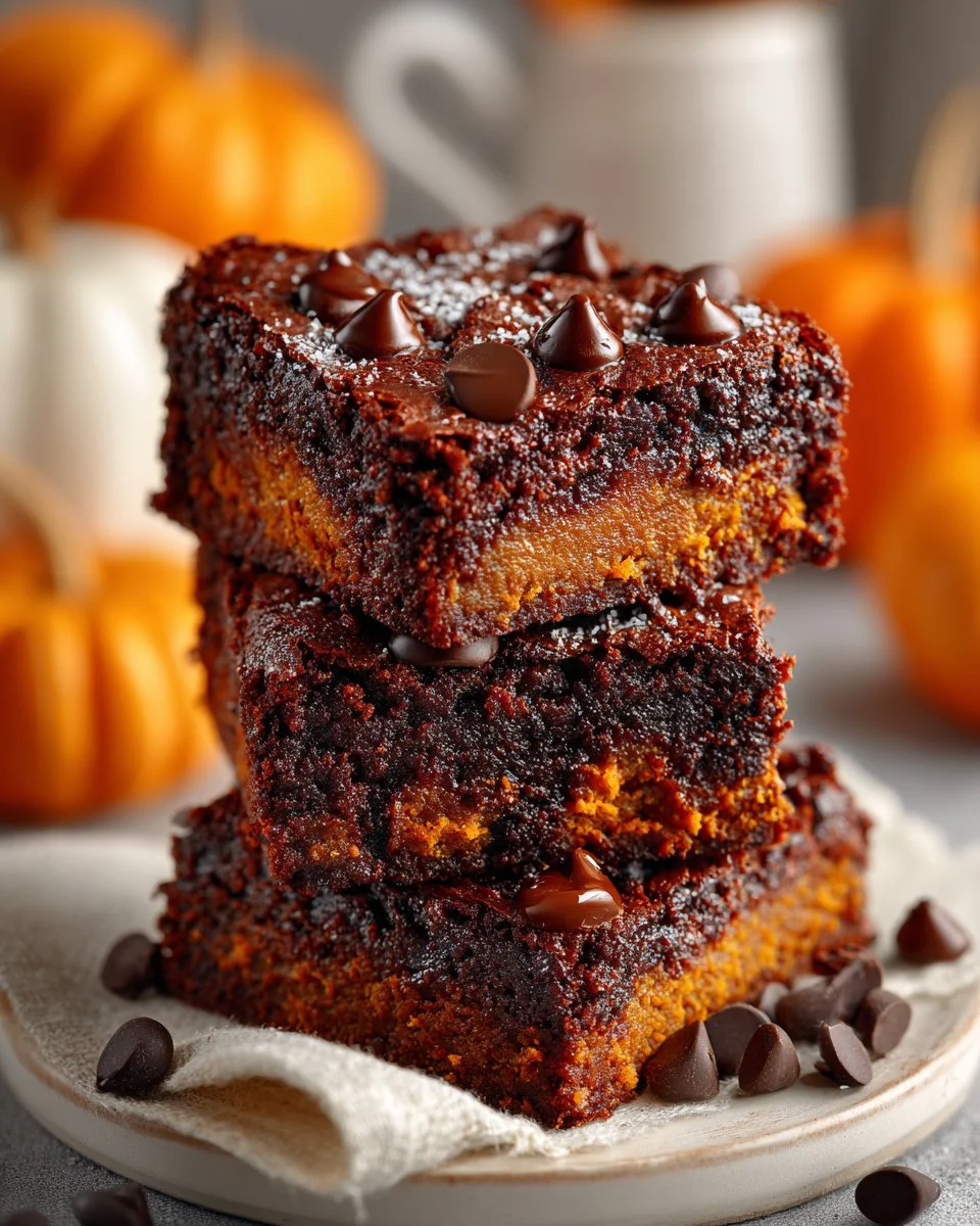 Decadent classic pumpkin brownies with chocolate swirls and autumn spices.