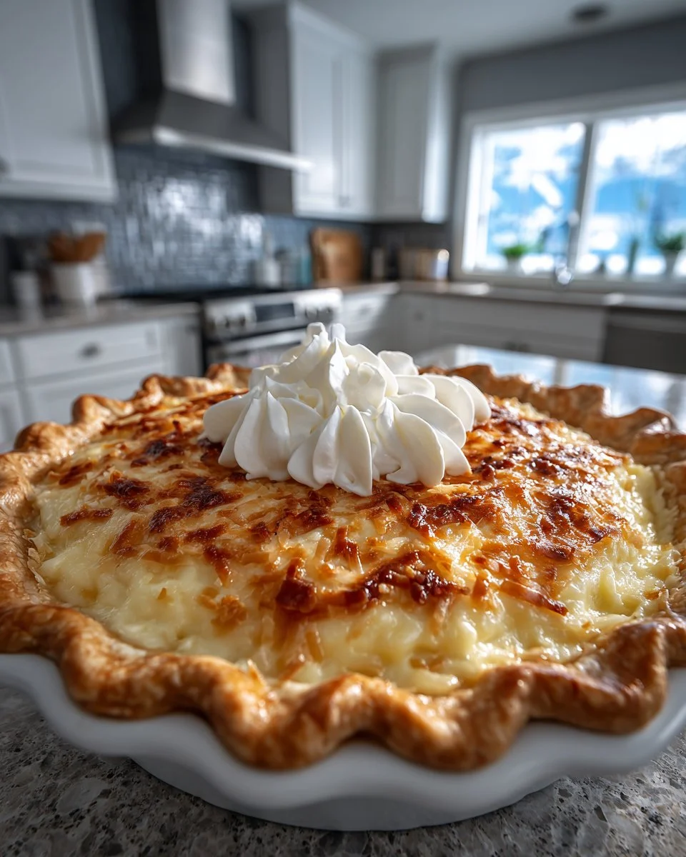 Slice of delicious Coconut Cream Pie topped with whipped cream and coconut flakes