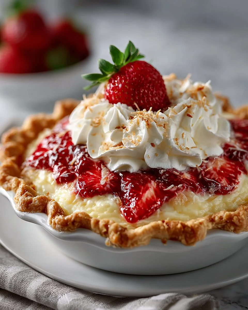 Slice of Coconut Cream Pie with Strawberry Rhubarb Swirl garnished with whipped cream