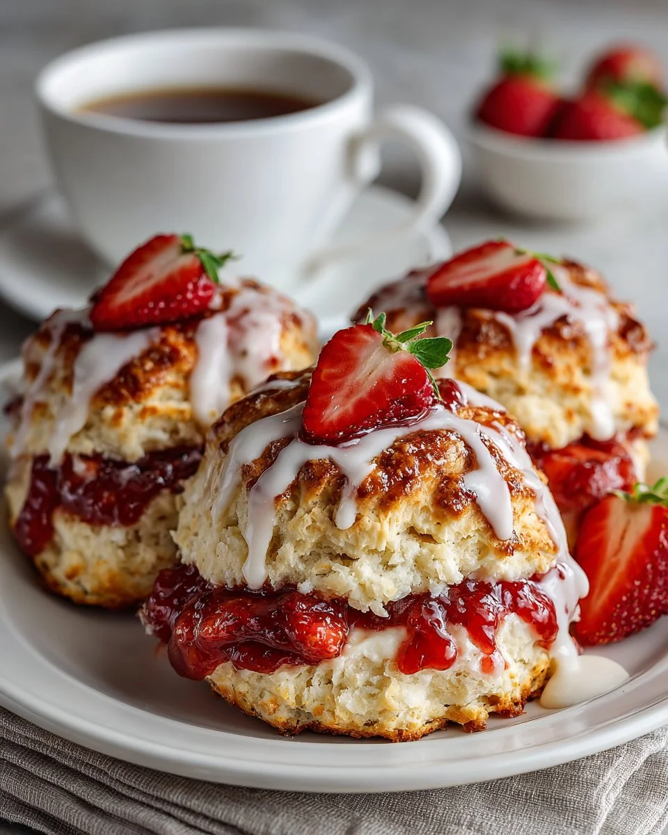 Coconut scones drizzled with strawberry rhubarb glaze on a rustic table.