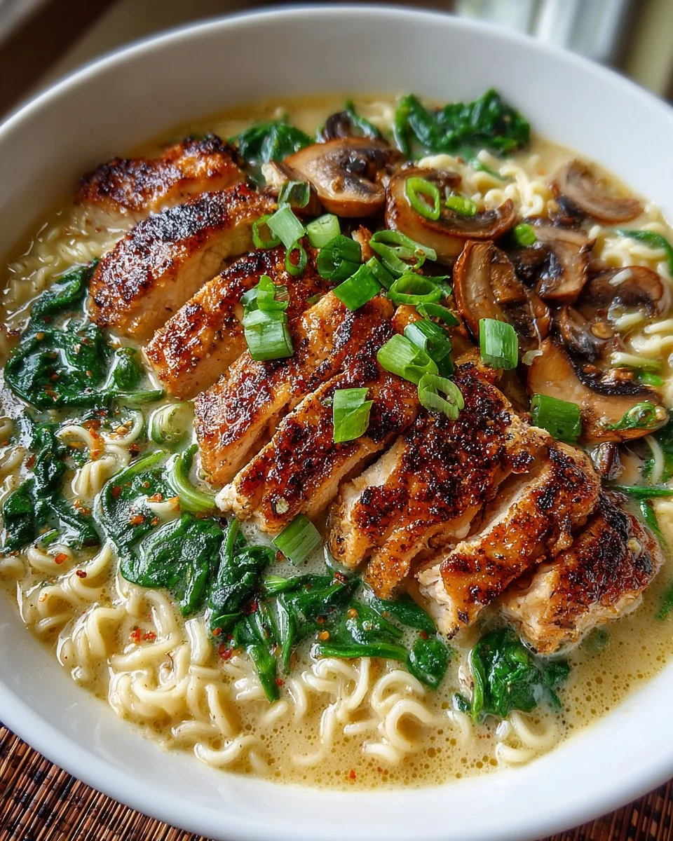 Bowl of creamy garlic chicken ramen with fresh herbs and toppings