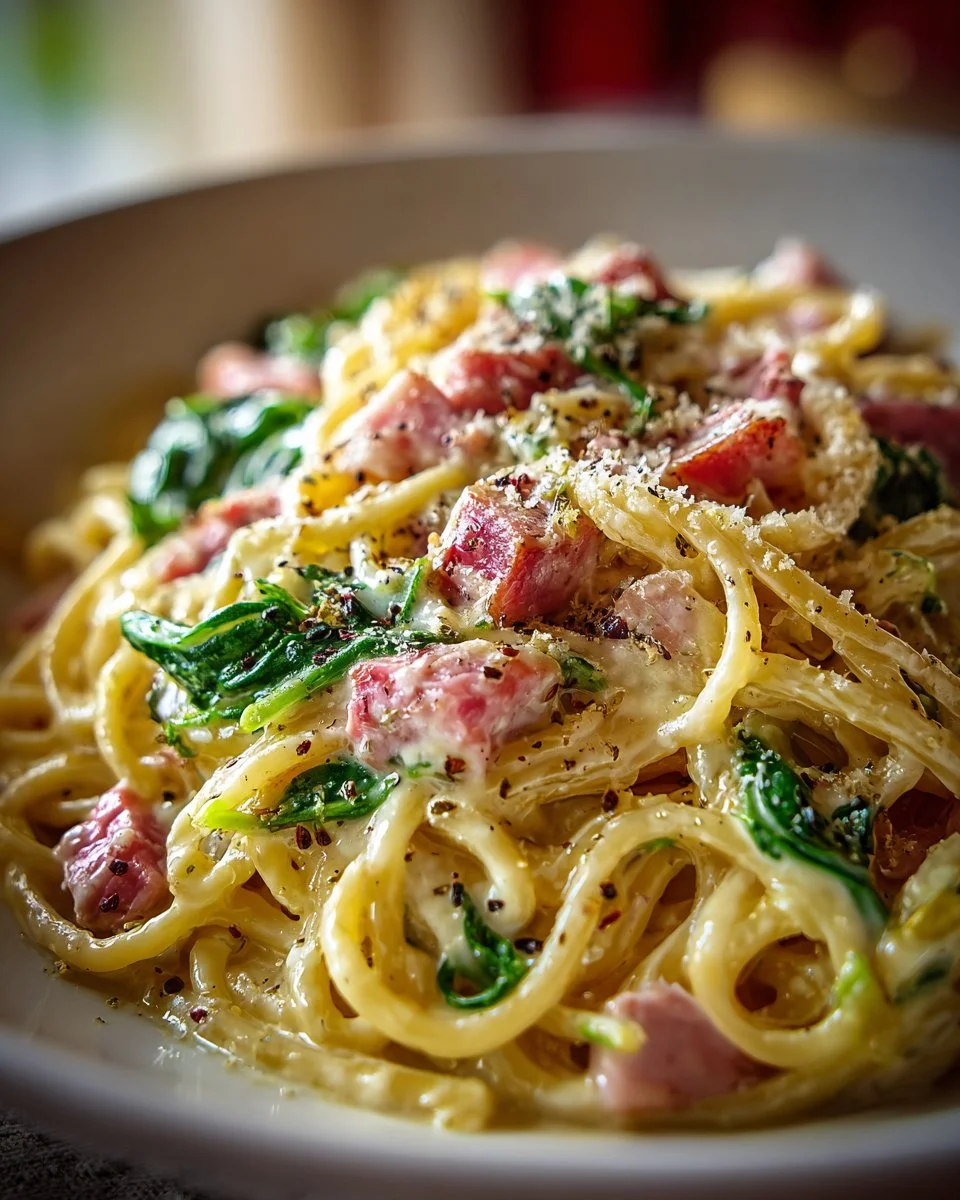 Creamy ham artichoke pasta dish with spinach served in a bowl