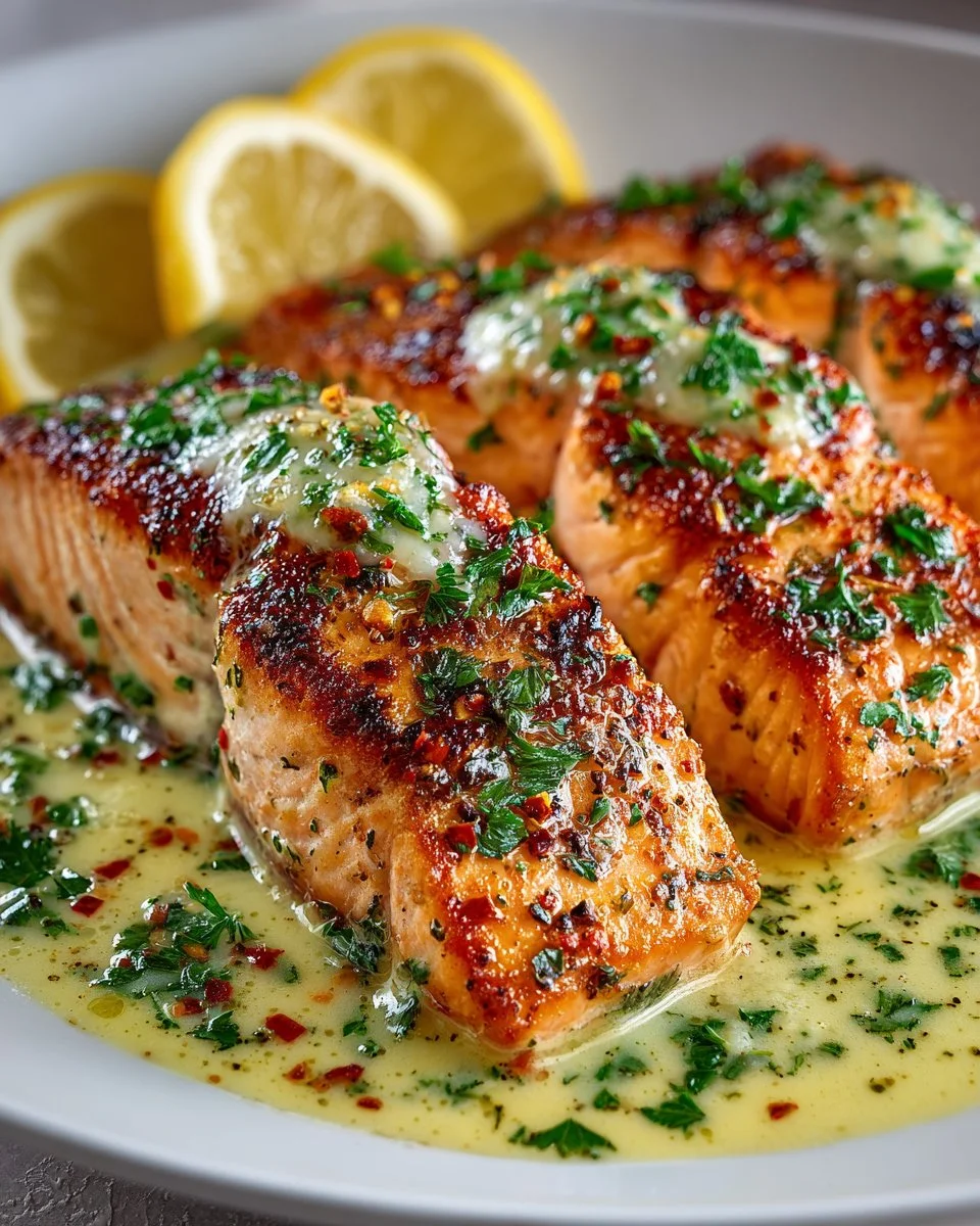 Creamy lemon garlic butter salmon served with fresh herbs