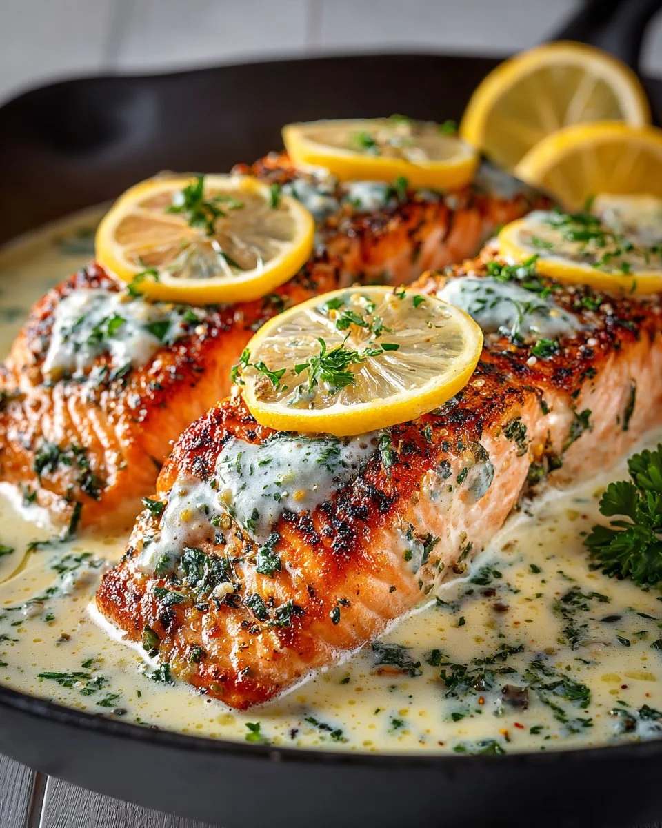 Delicious creamy lemon garlic salmon fillet served with vegetables.