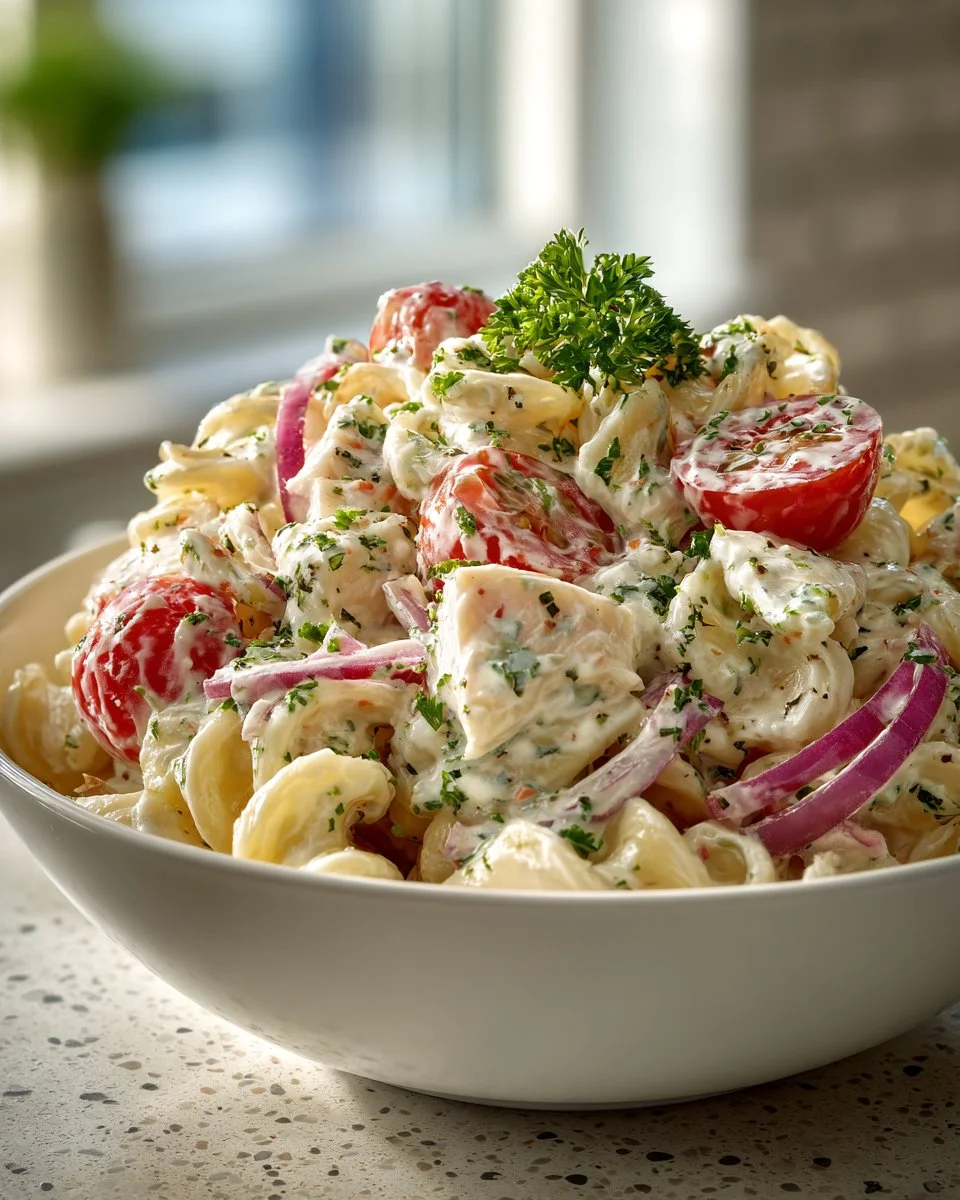 Creamy ranch keto pasta salad made with hearts of palm