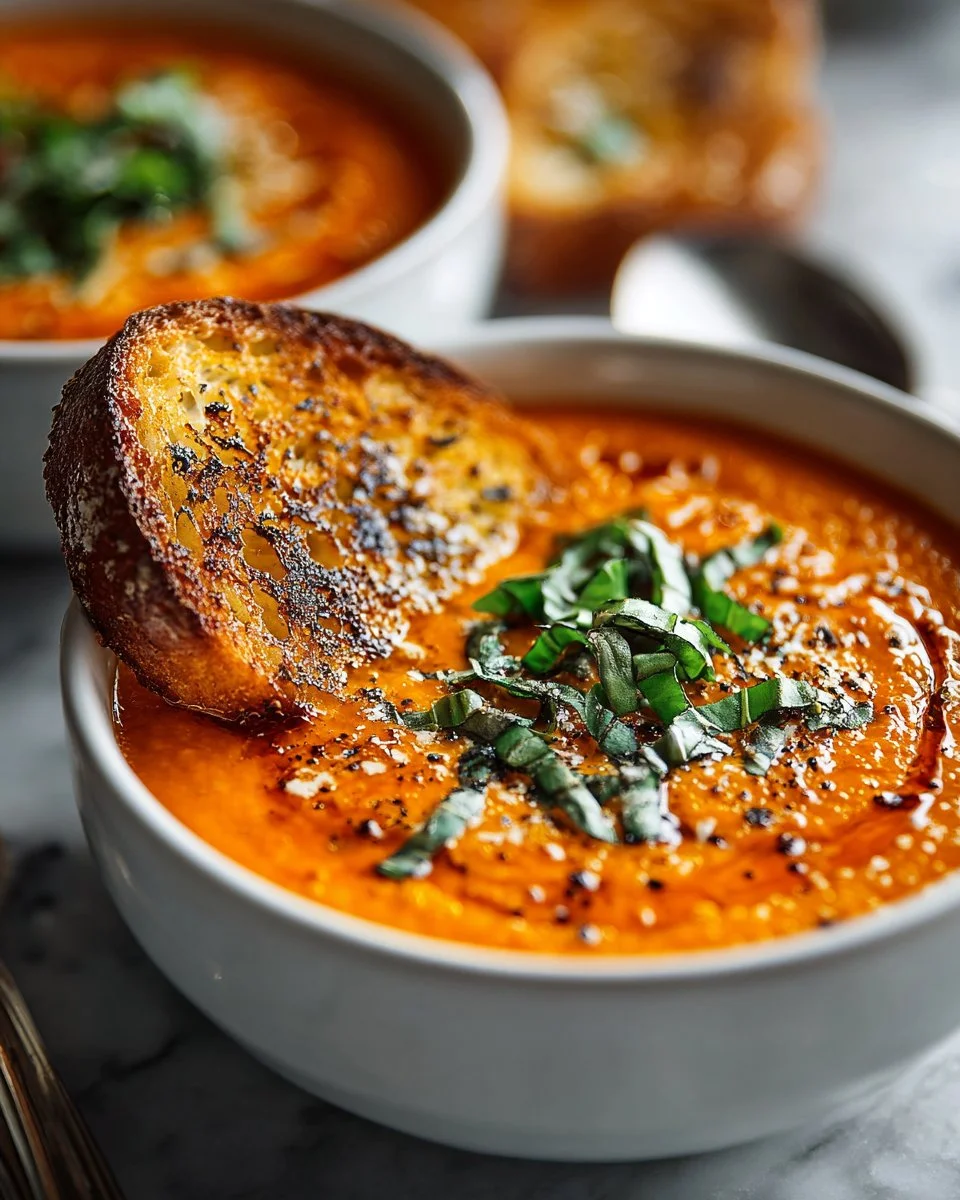 Bowl of creamy roasted tomato basil soup, vegan and dairy-free, garnished with fresh basil
