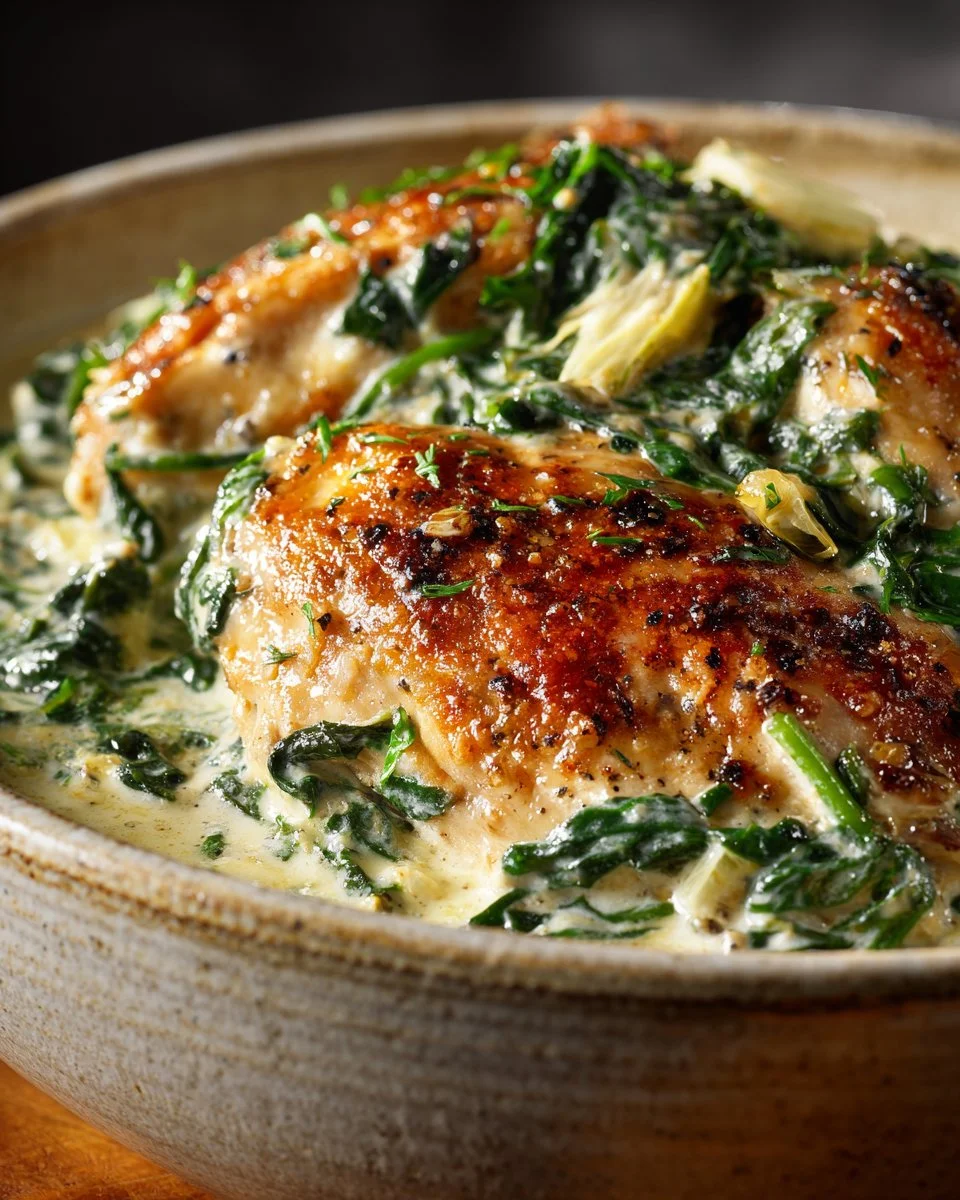 Creamy spinach artichoke chicken dish served in a bowl with fresh herbs