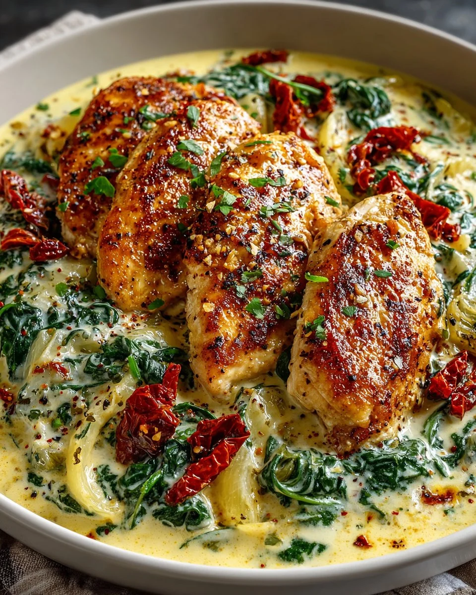 Creamy Tuscan Chicken dish served on a plate with fresh herbs and sun-dried tomatoes