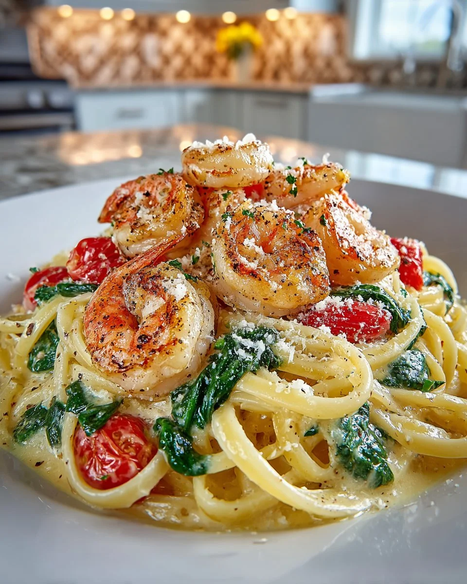 Creamy Tuscan shrimp pasta dish with vibrant flavors and ingredients