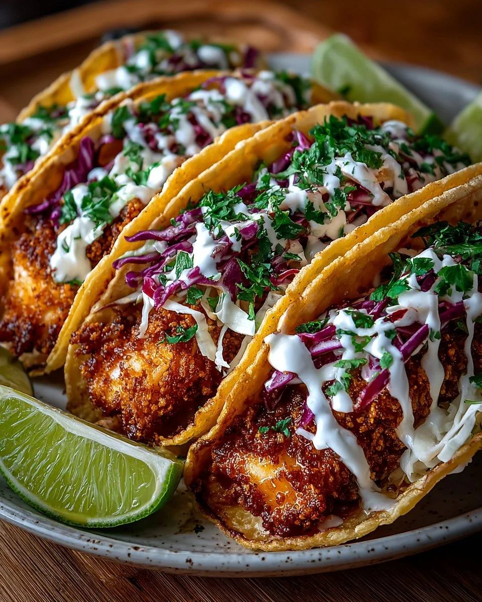 Delicious crispy fish tacos served with fresh toppings and lime wedges