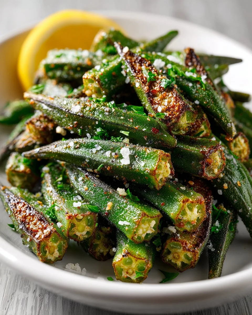 Crispy oven roasted okra garnished with lemon and garlic on a plate