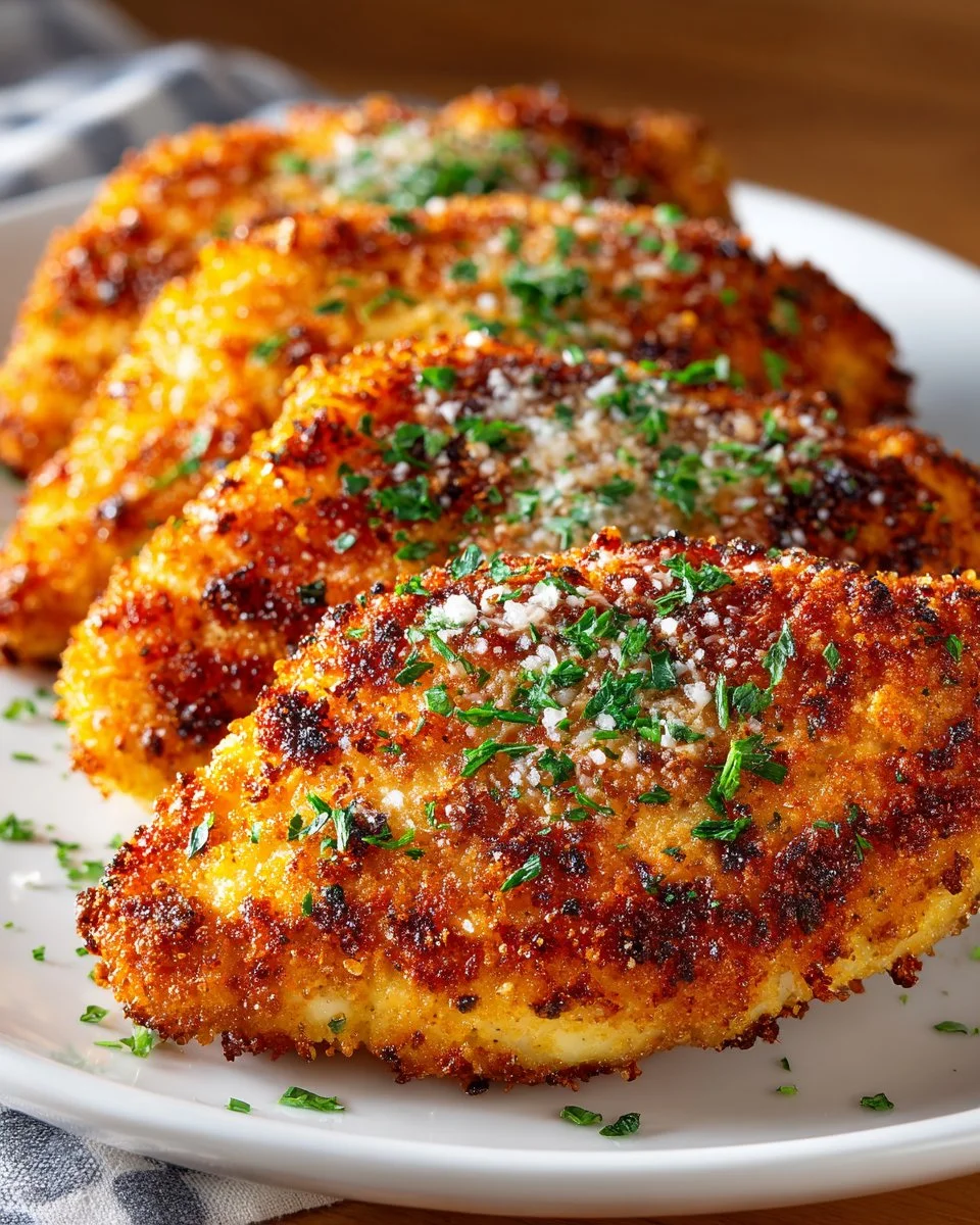 Crispy Parmesan Crusted Chicken Breast served with herbs and sauce