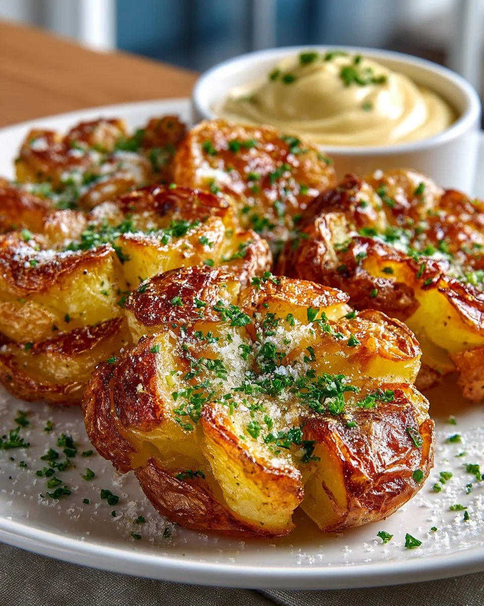 Crispy smashed potatoes served with spicy garlic aioli dipping sauce.