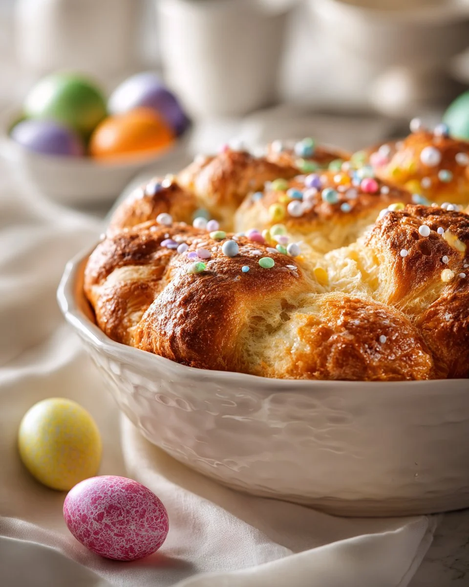 Freshly baked Easter Bread topped with colorful decorations.