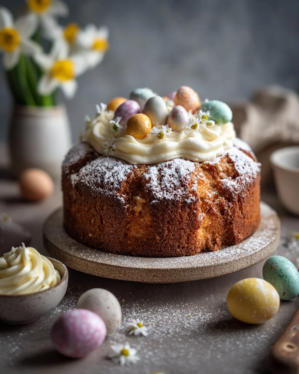 Colorful and festive Easter Cake decorated with spring flowers and eggs