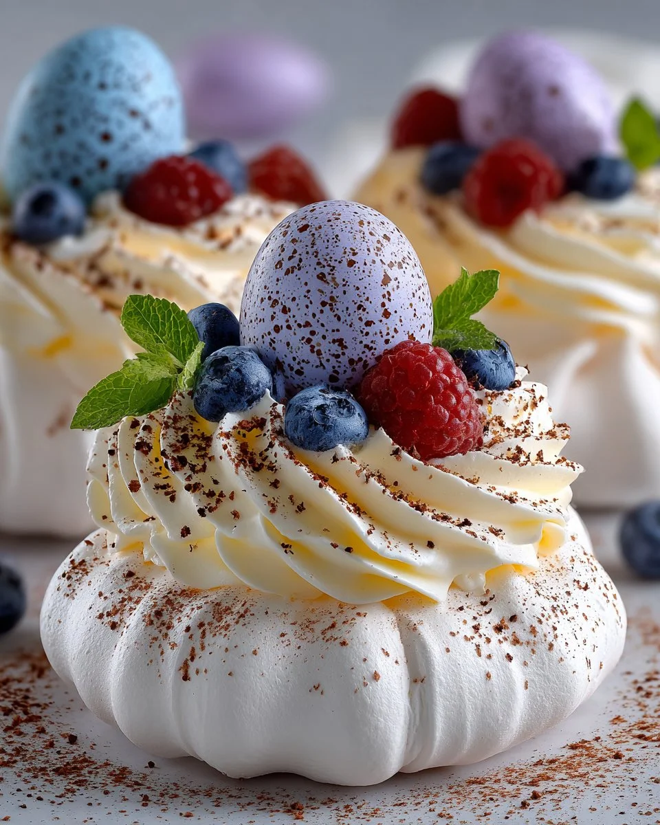 Easter Mini Egg Pavlova Nests topped with colorful chocolate eggs
