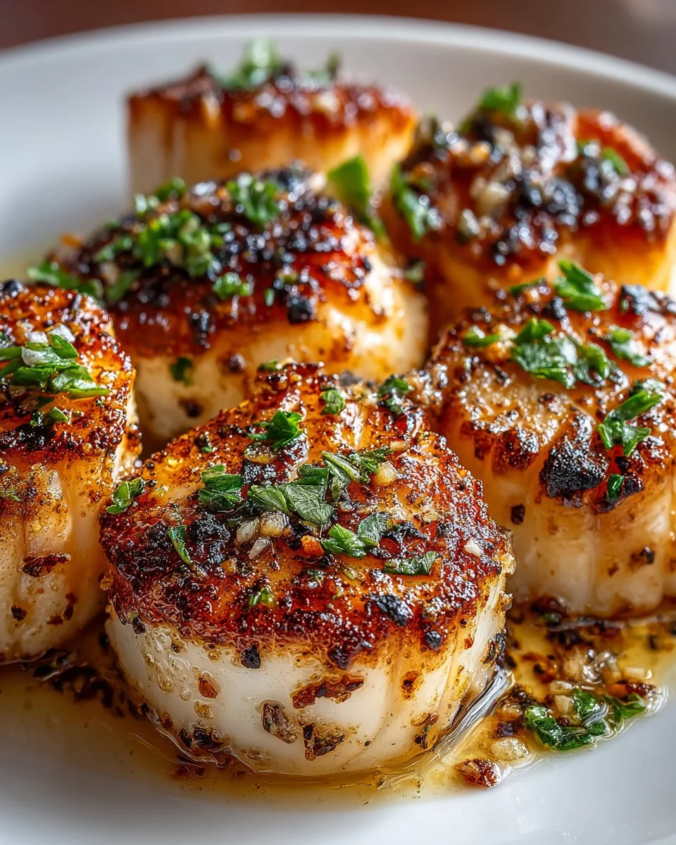 Plate of easy garlic butter scallops garnished with herbs