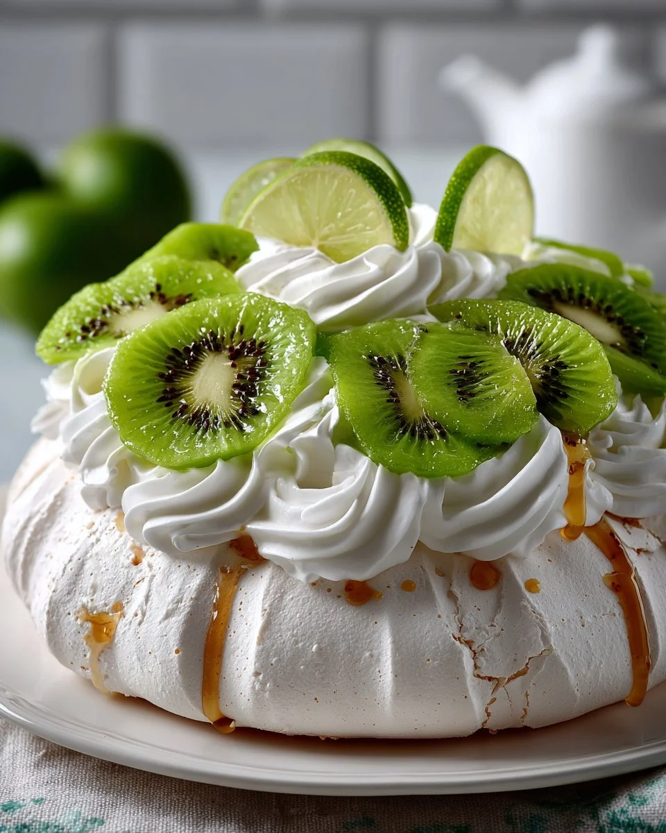 Easy kiwi lime pavlova dessert topped with fresh kiwi slices and lime zest