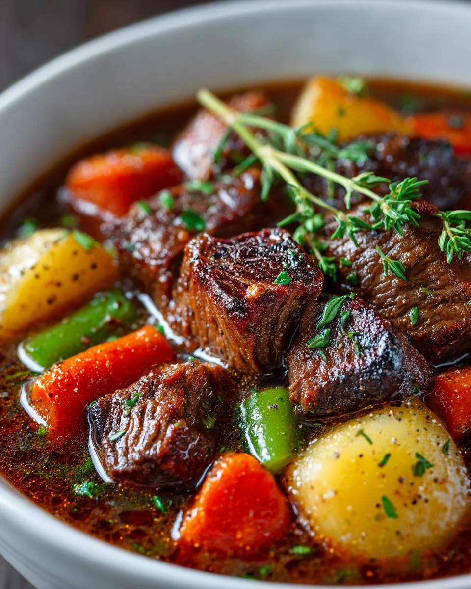 Hearty Pioneer Woman's Crockpot beef stew in a bowl, filled with vegetables and meat