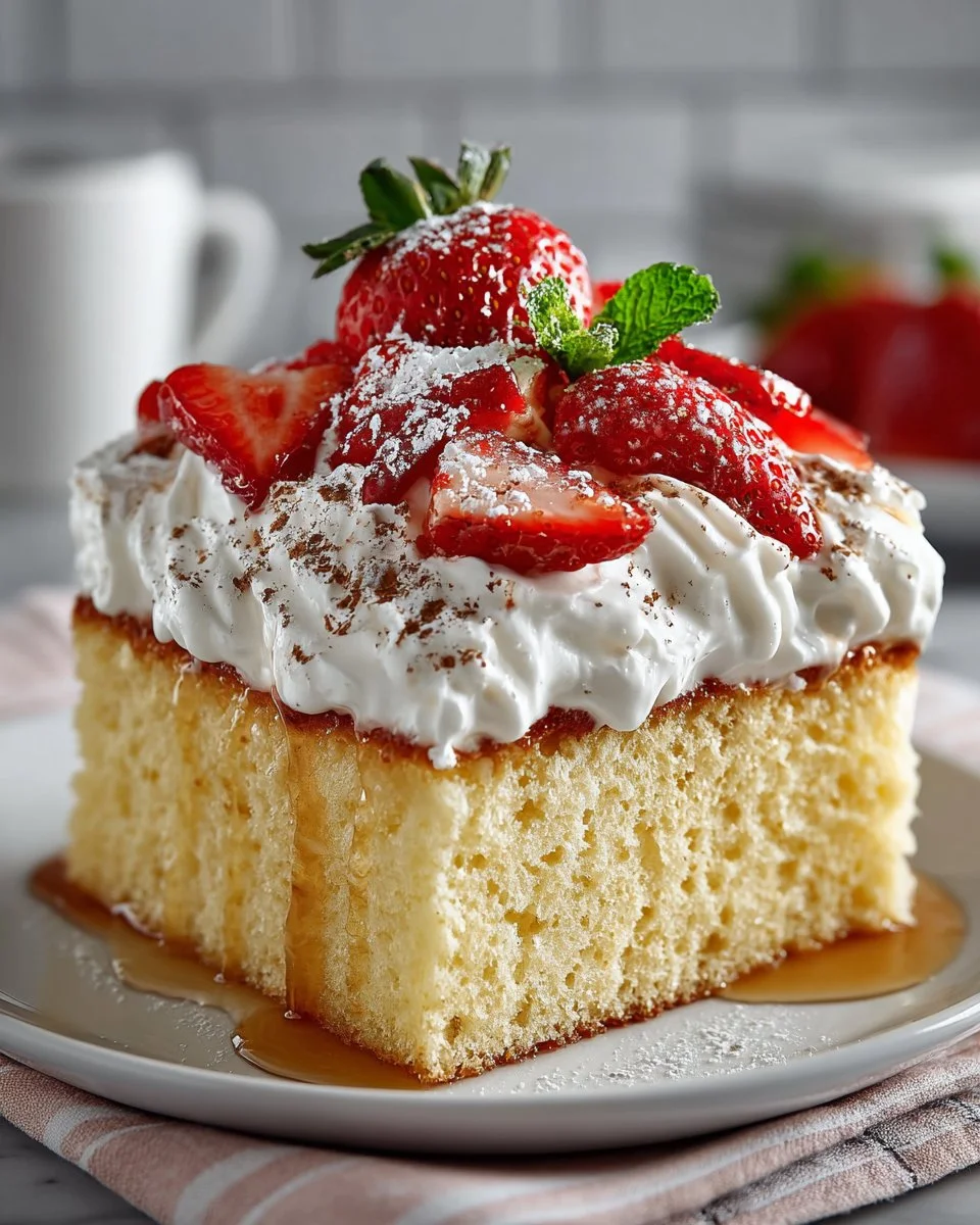 Delicious Easy Three Milks Cake topped with fresh berries