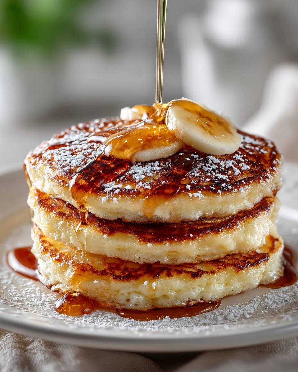 Fluffy cottage cheese pancakes stacked on a plate, drizzled with syrup.