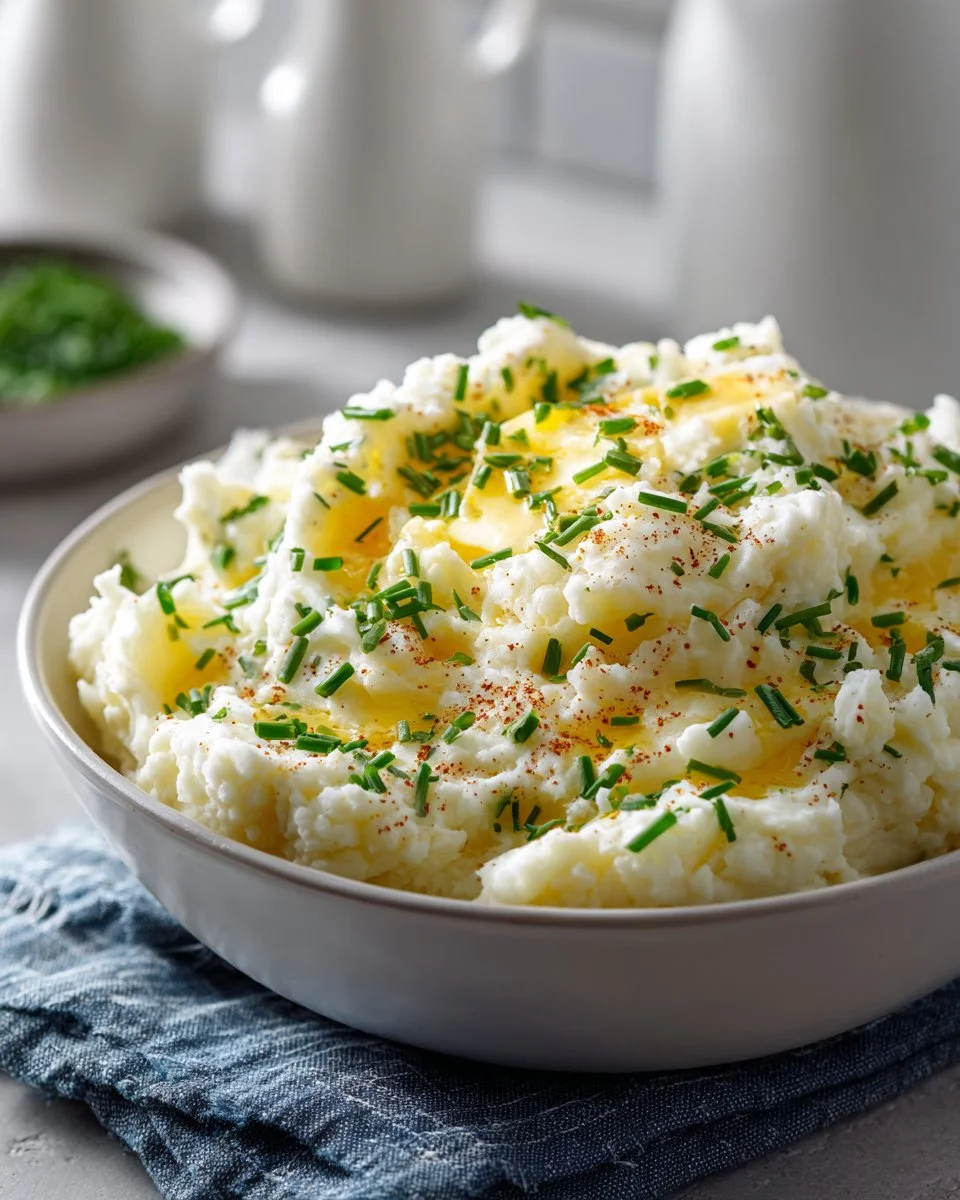 Fluffy dairy-free mashed potatoes topped with fresh chives in a bowl