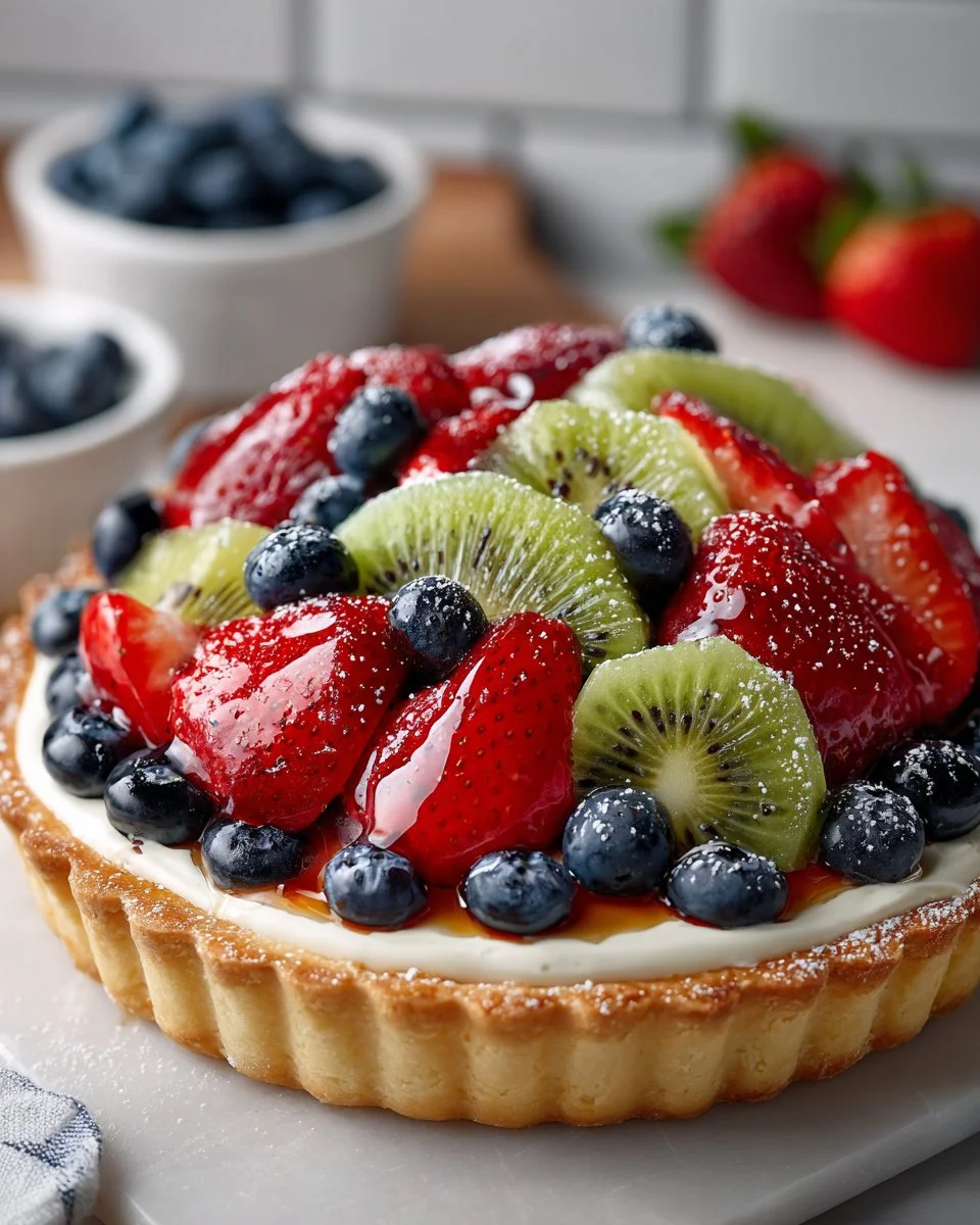 Fresh fruit tart with a colorful assortment of seasonal fruits on a flaky crust
