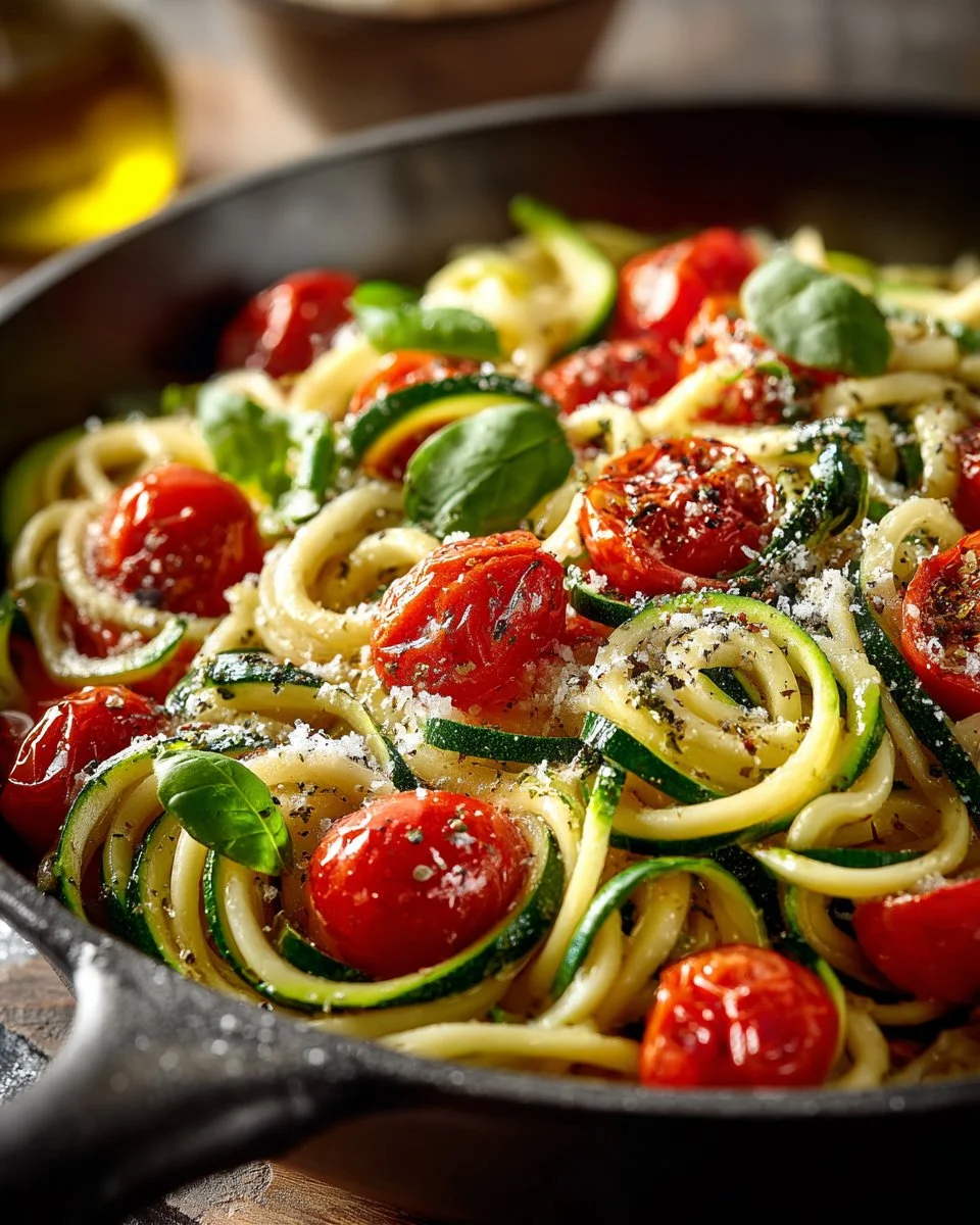 Delicious fresh garden tomato zucchini pasta served on a plate