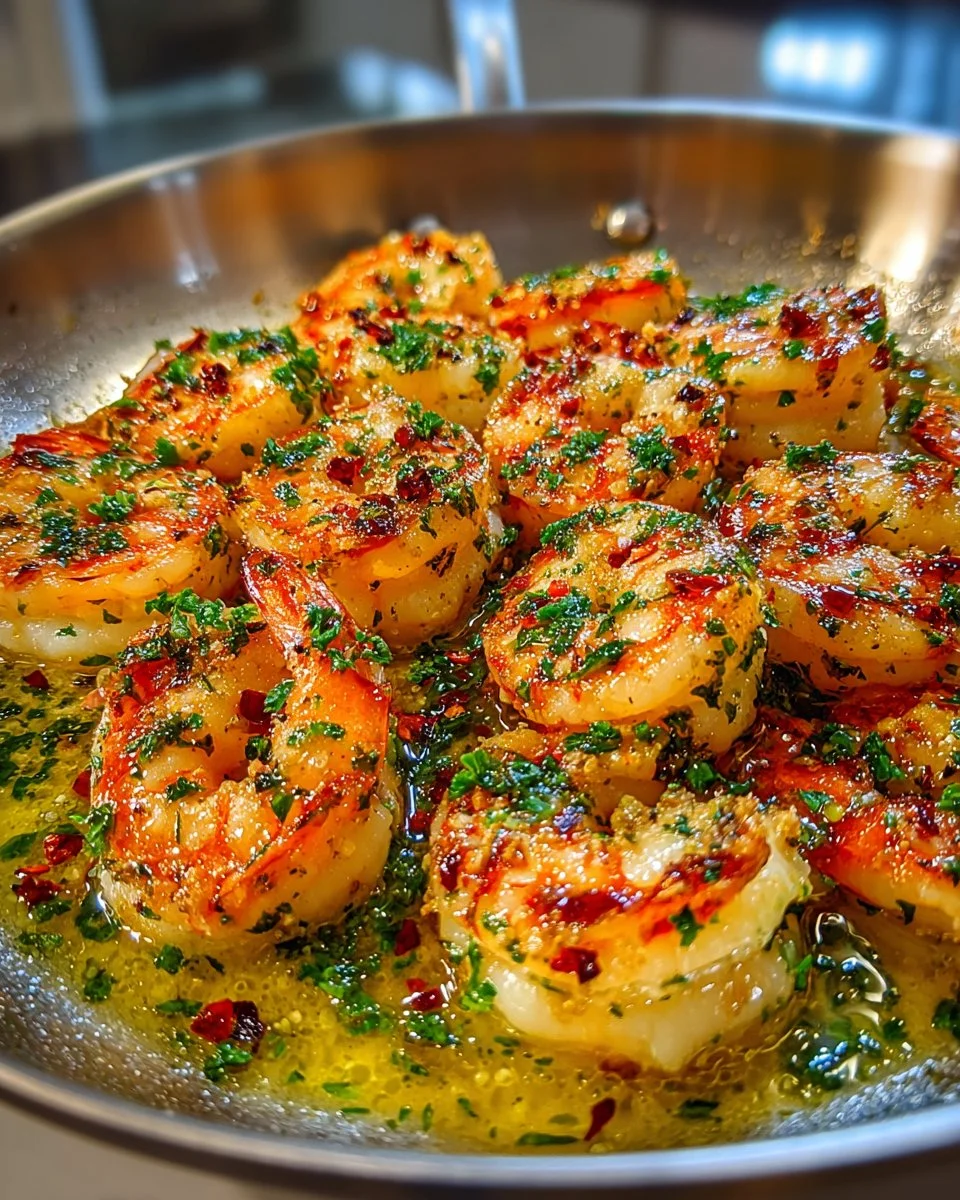 Delicious garlic butter shrimp scampi served in a bowl with fresh herbs.