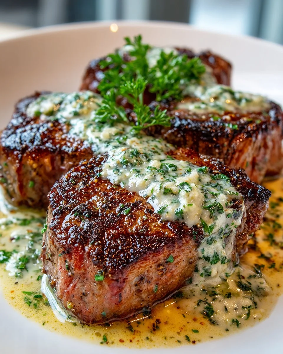 Delicious Garlic Butter Steak drizzled with Parmesan Cream Sauce for a gourmet meal.
