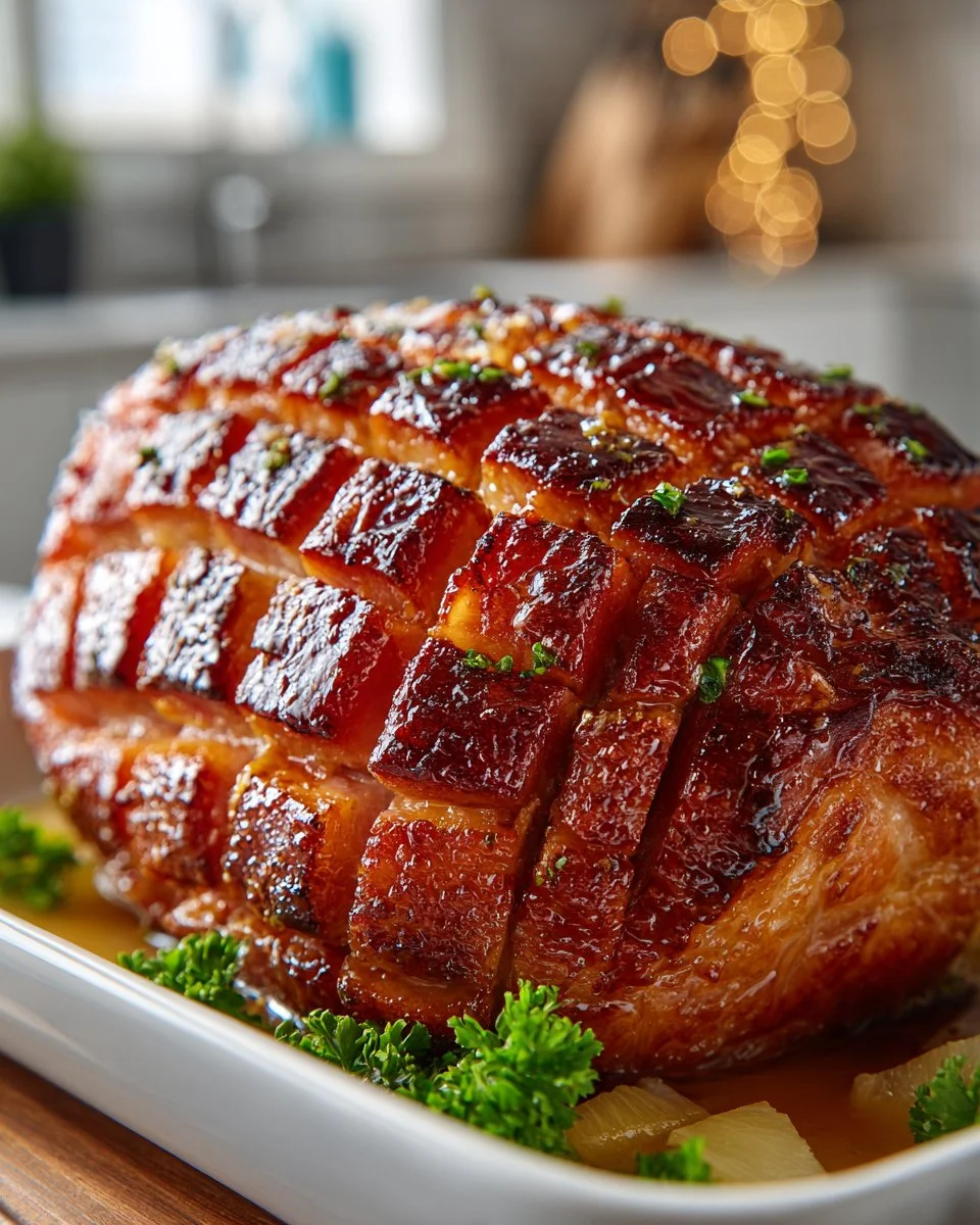 Delicious glazed ham with brown sugar and pineapple glaze on a serving platter.