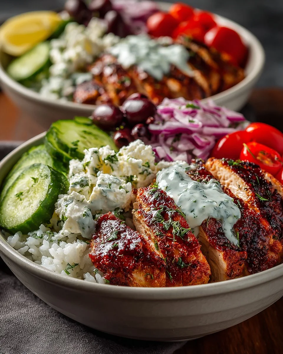 Delicious Greek Chicken Bowl with fresh vegetables and herbs