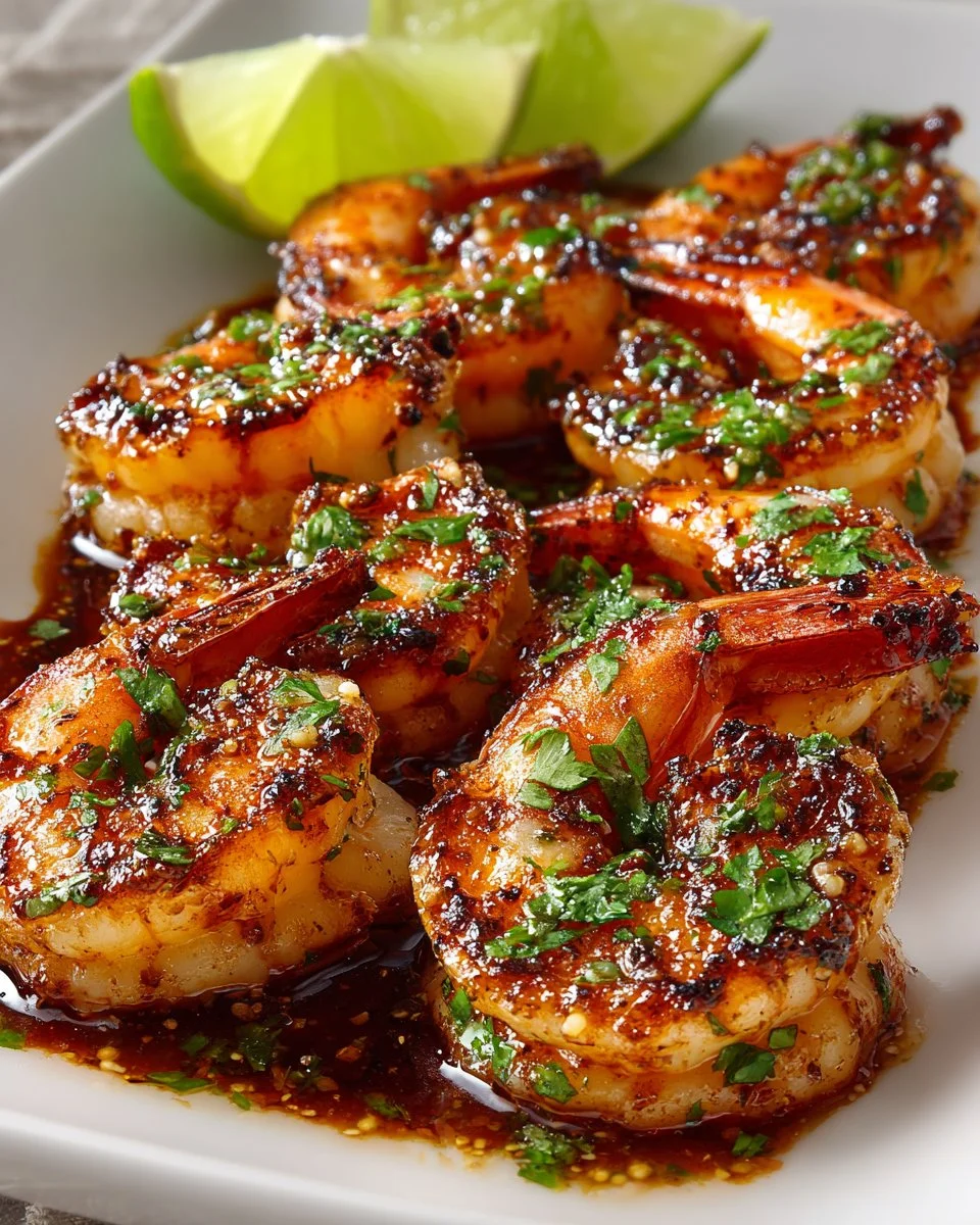Grilled honey lime shrimp served on a platter with fresh herbs