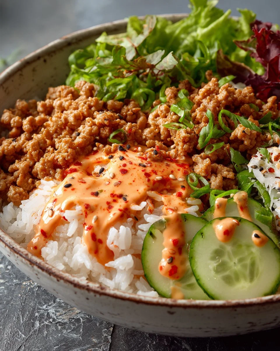 Ground turkey rice bowls topped with bang bang sauce and fresh vegetables