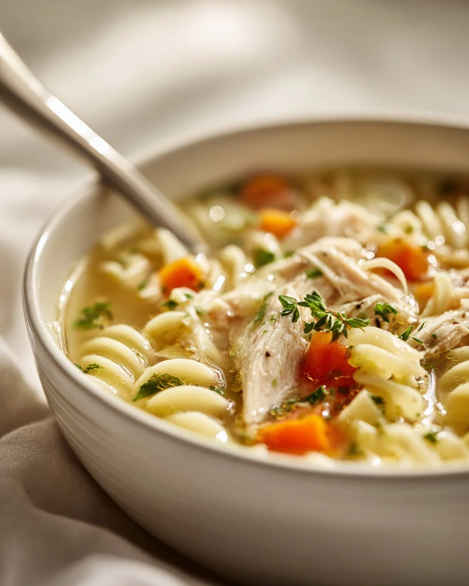 Bowl of healing ginger garlic chicken noodle soup garnished with herbs.