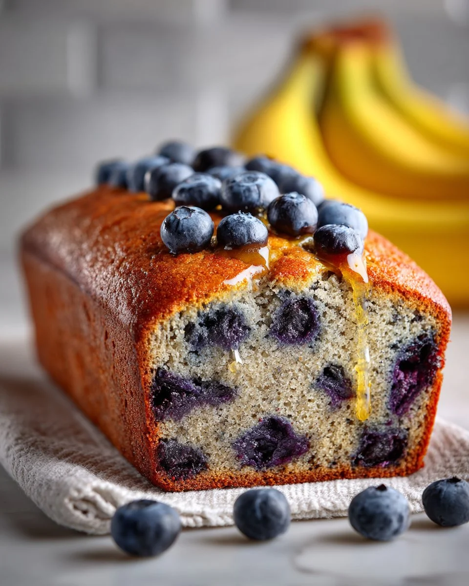 Healthy banana bread with blueberries on a wooden table