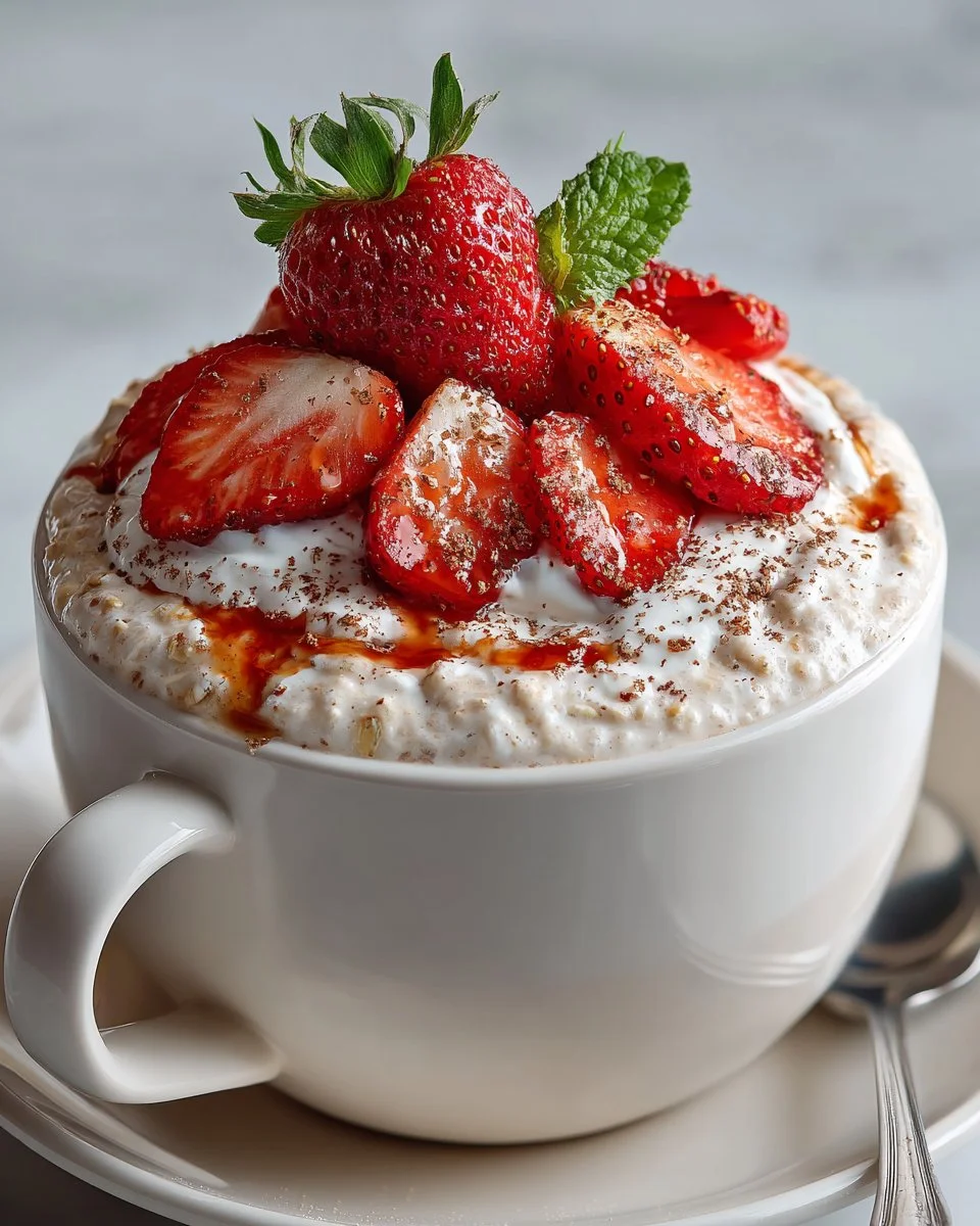 High-protein strawberry cheesecake overnight oats in a bowl