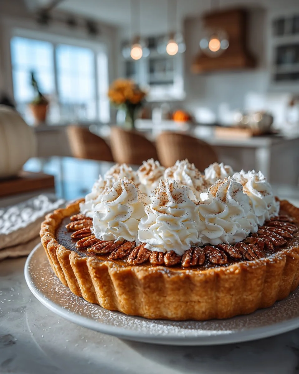Irresistible praline pumpkin pie topped with crunchy pecans and creamy filling