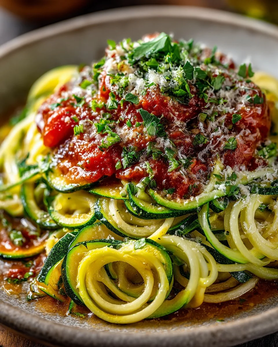 A bowl of delicious homemade zucchini sauce, garnished with fresh herbs.