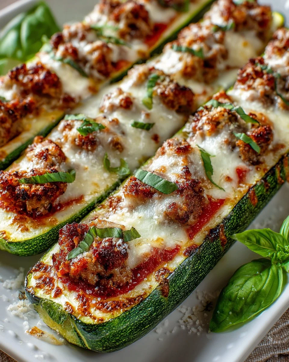 Italian sausage and cheese stuffed zucchini boats ready to serve