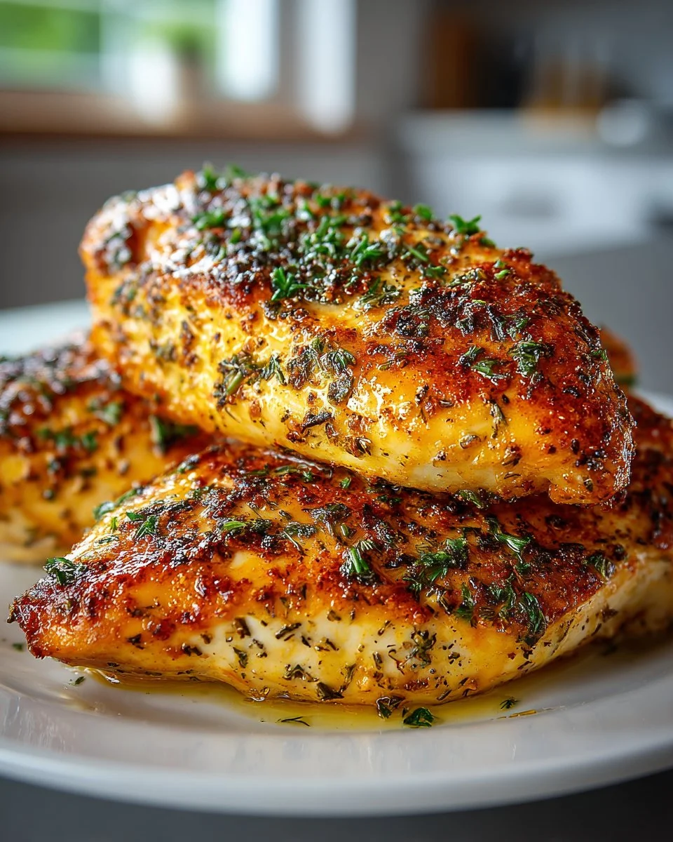 Juicy oven baked chicken breast garnished with herbs.