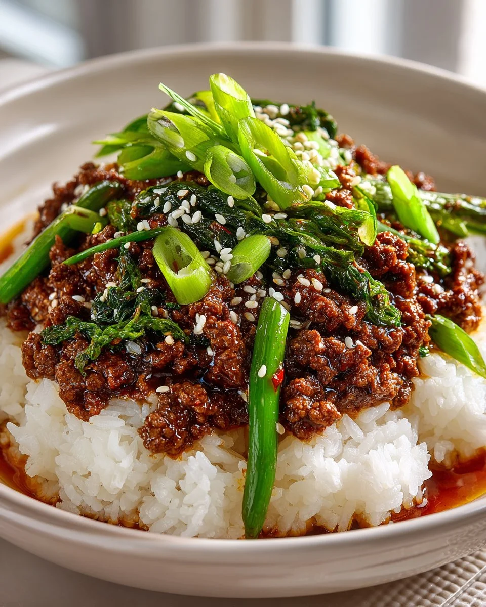 Delicious Korean Ground Beef Bowl served with rice and vegetables