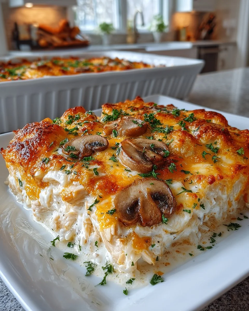 Creamy chicken and rice casserole served in a baking dish, ideal for easy dinners.