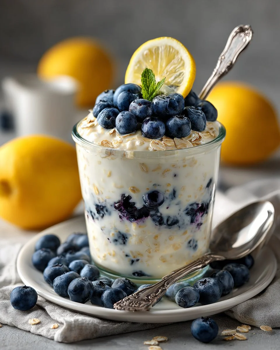 Bowl of Lemon Blueberry Overnight Oats topped with fresh blueberries and lemon zest.