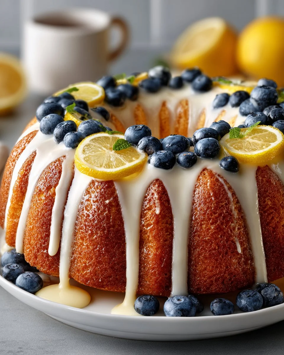 Delicious lemon blueberry pound cake with fresh blueberries and a lemon glaze.