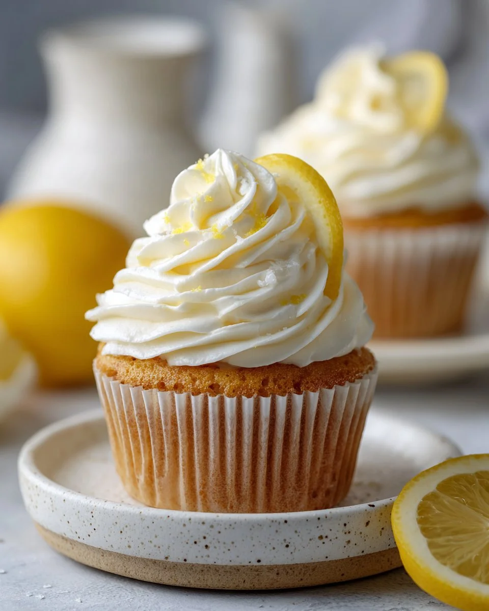 Delicious homemade lemon cupcakes with frosting