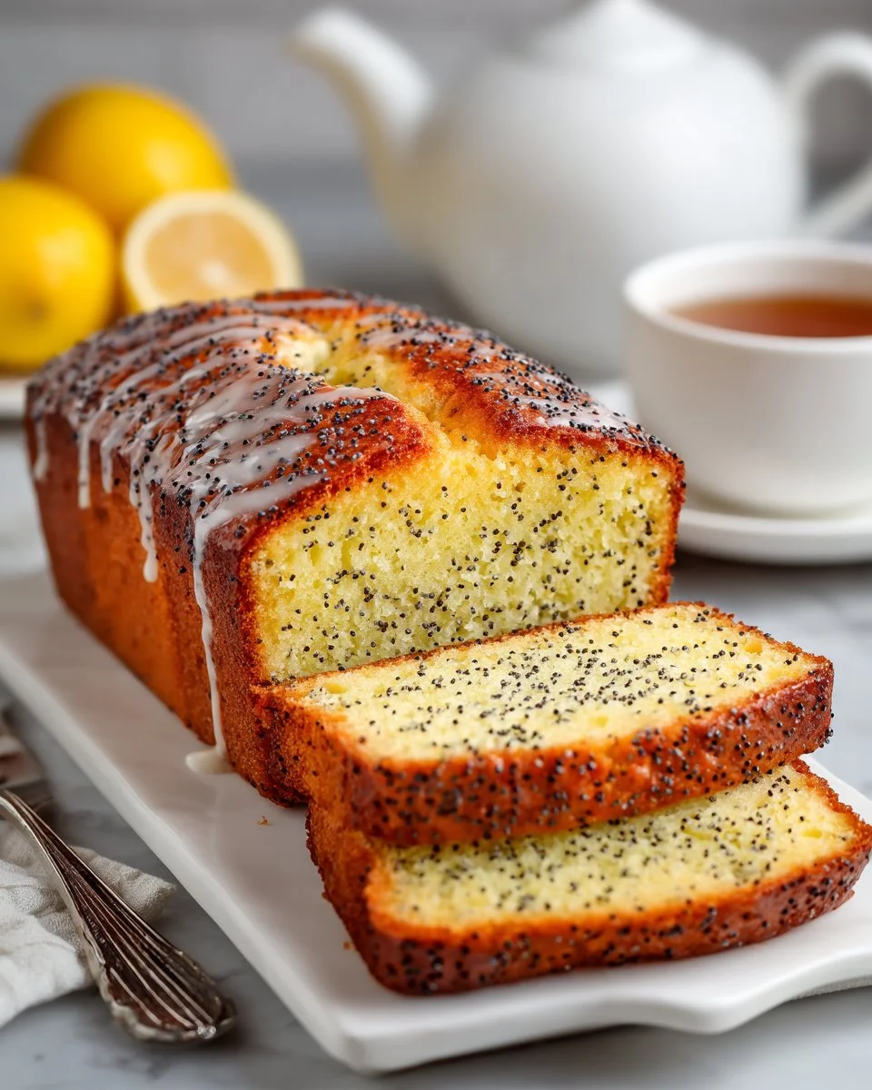 Freshly baked lemon poppy seed bread with a golden crust and poppy seeds on top