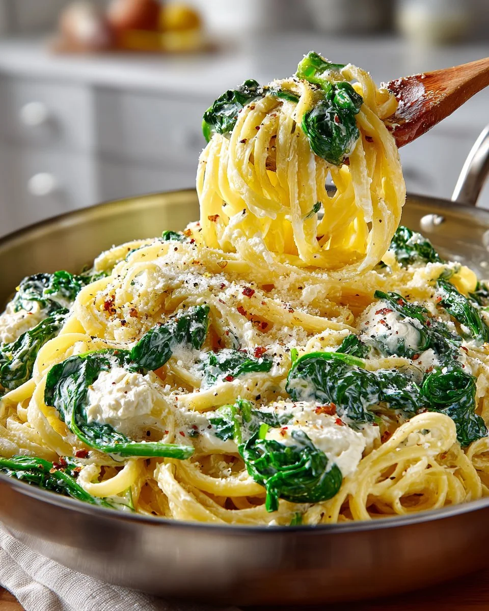 Lemon Ricotta Pasta with Spinach served in a bowl garnished with herbs