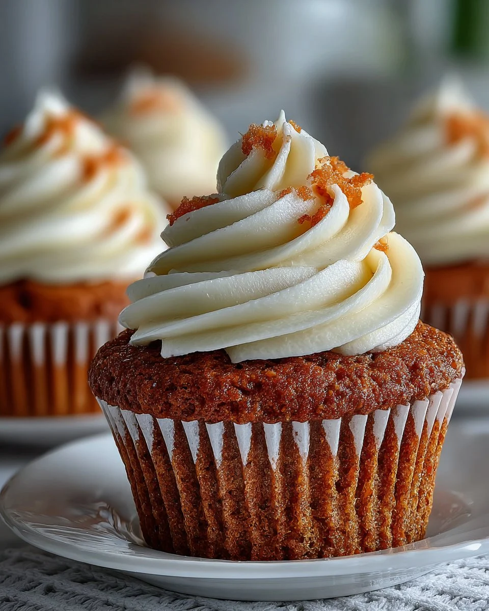 Moist carrot cake cupcakes topped with cream cheese frosting and walnuts